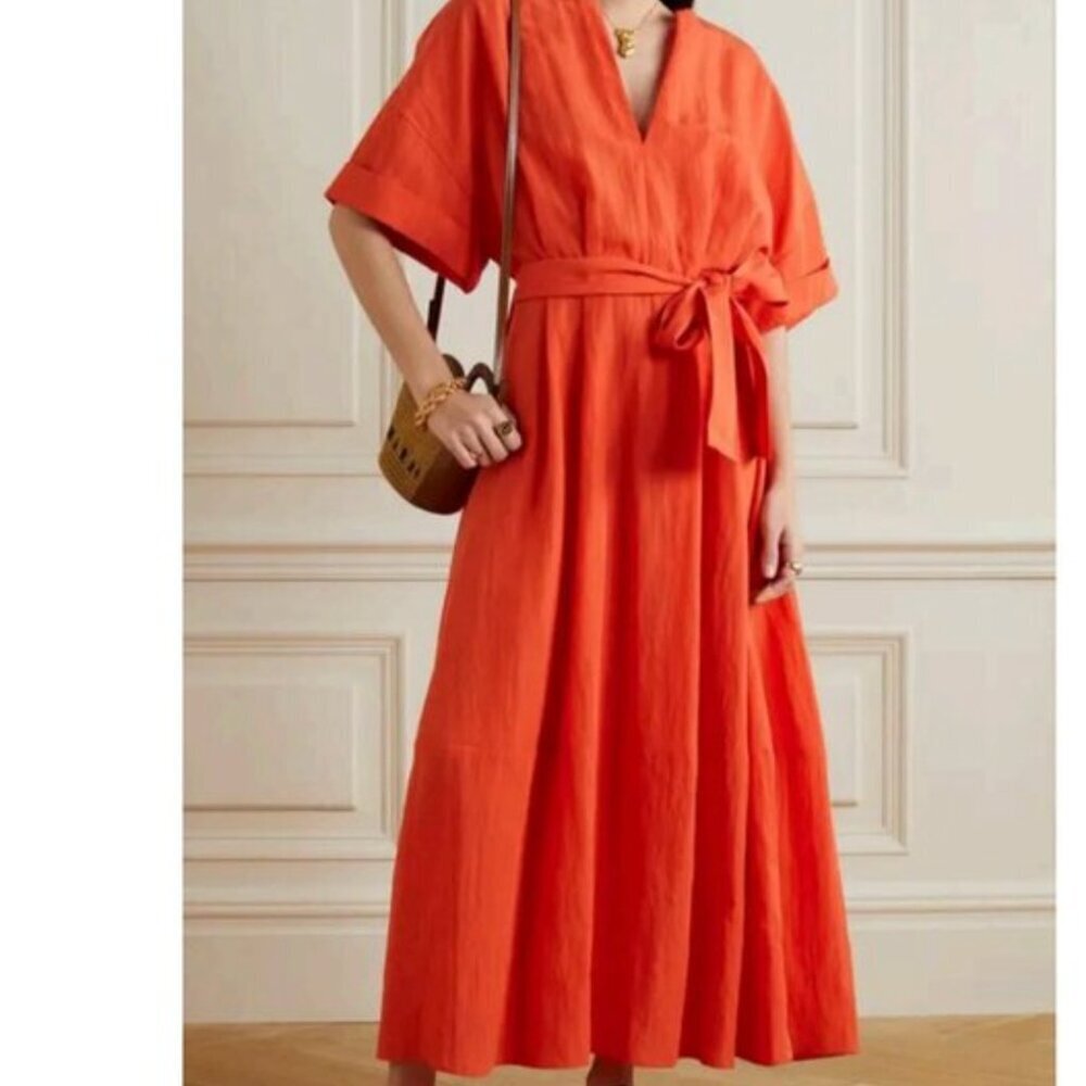 Vince Maxi Dress Cuffed Short Sleeve V-Neck Belted Shift Long Orange Size Small